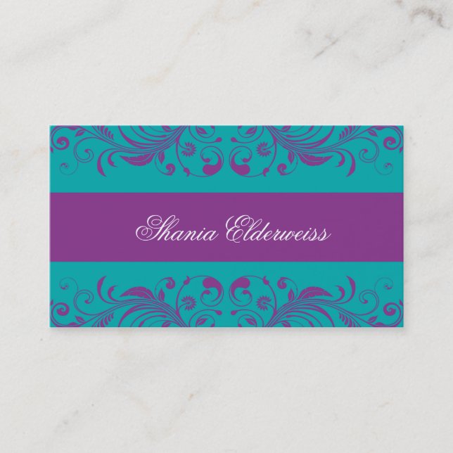 Torquoise Purple Damask Business Card (Front)