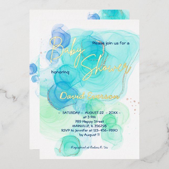 Torquoise & Soft Blue Watercolor- Real gold  (Front/Back)