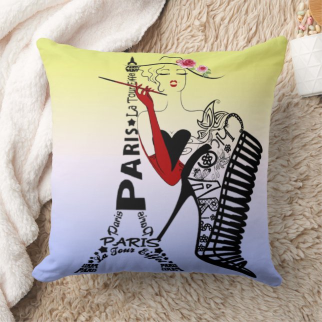 Torre Eiffel con caligrafía Throw Pillow (Blanket)