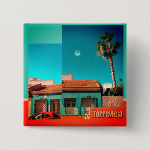 Torrevieja house, moon, palm, Orange and Turqoise 2 Inch Square Button