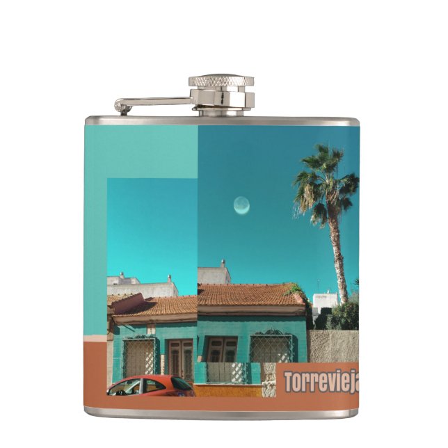 Torrevieja in Orange and Turqoise Hip Flask (Front)