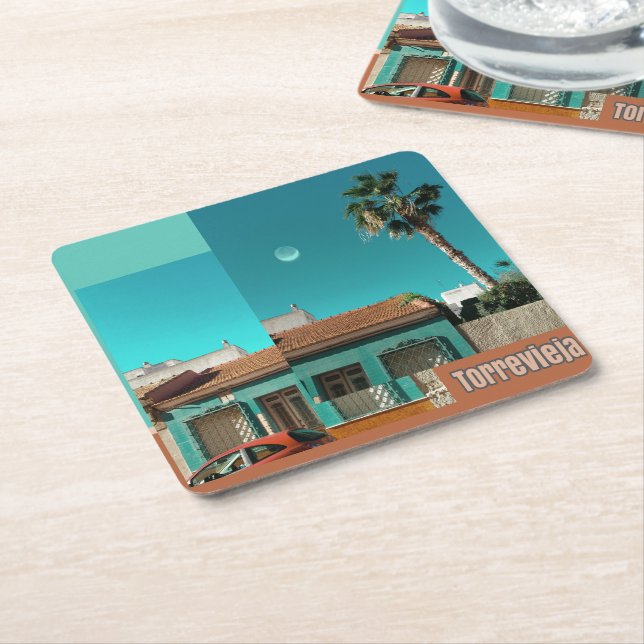 Torrevieja in Orange and Turqoise Square Paper Coaster (Angled)