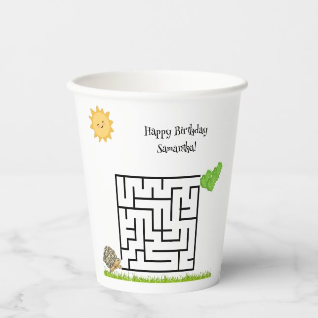 Tortoise and lettuce, birthday maze paper cups (Front)