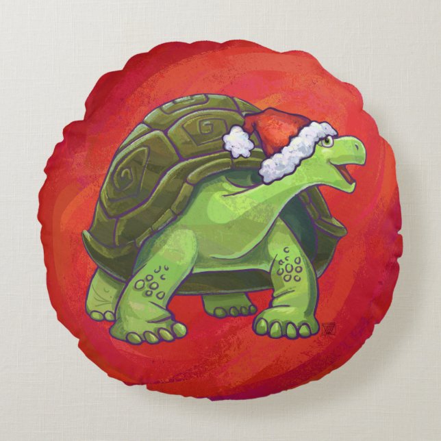 Tortoise Christmas On Red Round Pillow (Front)