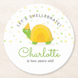 Tortoise, green yellow, kid's birthday round paper coaster
