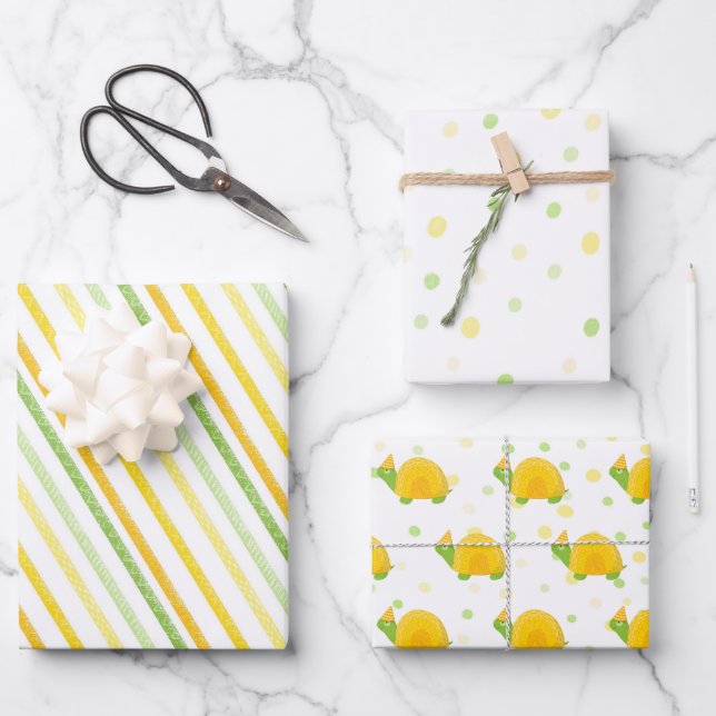Tortoise, green yellow, kid's birthday wrapping paper sheet (Front)