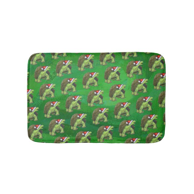 Tortoise in Santa Hat On Green Bath Mat (Front)