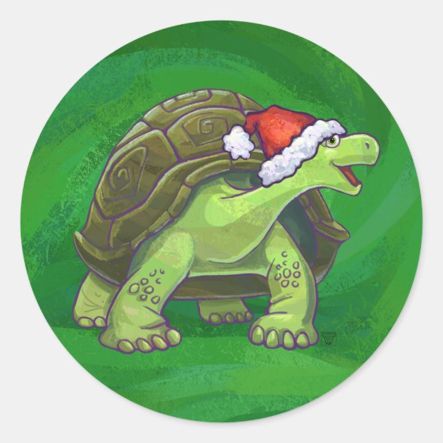 Tortoise in Santa Hat On Green Classic Round Sticker (Front)