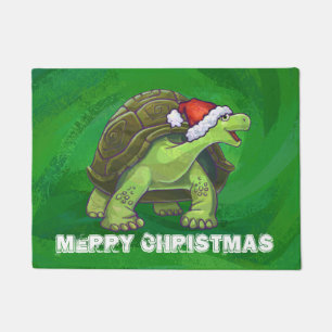 Tortoise in Santa Hat On Green Doormat