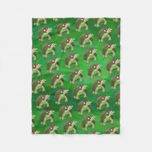 Tortoise in Santa Hat On Green Fleece Blanket
