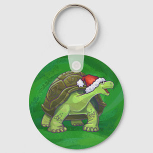 Tortoise in Santa Hat On Green Keychain