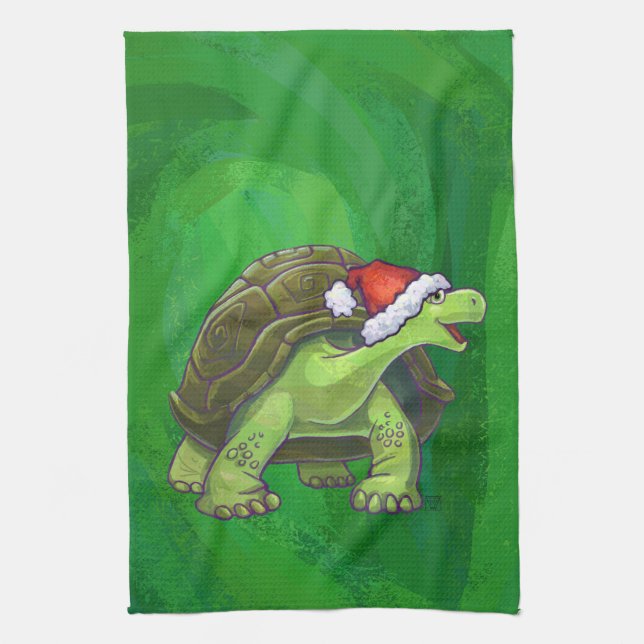 Tortoise in Santa Hat On Green Kitchen Towel (Vertical)