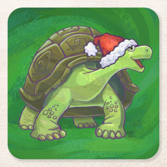 Tortoise in Santa Hat On Green Square Paper Coaster (Front)
