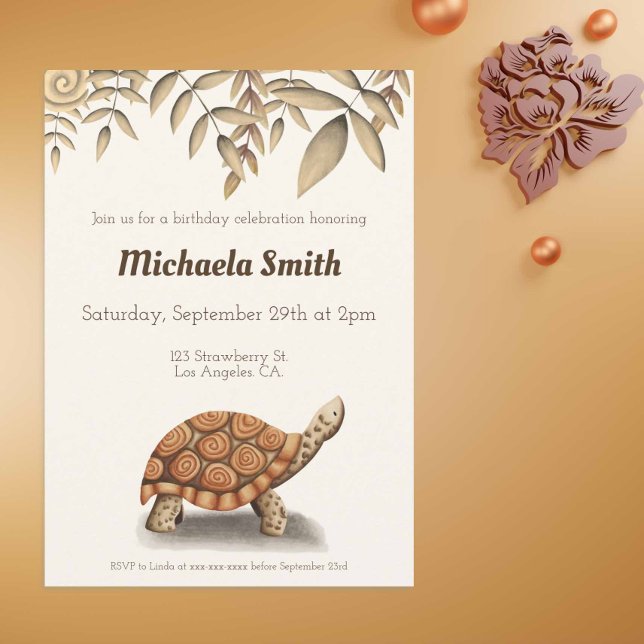 Tortoise Sepia Brown Personalized Birthday Invitation (Creator Uploaded)