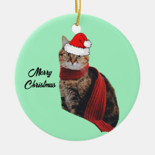 Tortoise Shell Cat with Scarf and Santa Hat   Ceramic Ornament