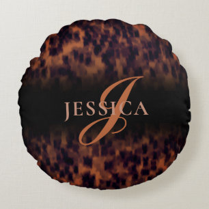 Tortoise Shell Pattern Animal Print Monogram Name Round Pillow