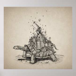 Tortoise Town - pen and ink illustration Poster