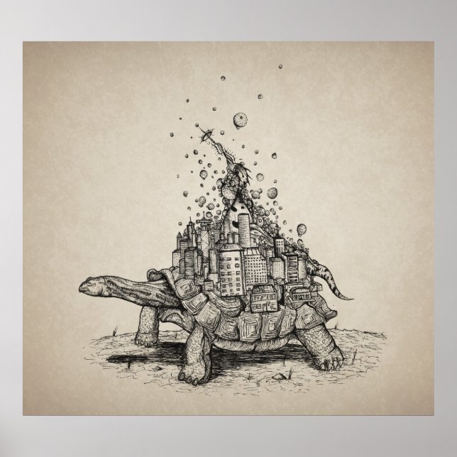 Tortoise Town - pen and ink illustration Poster (Front)