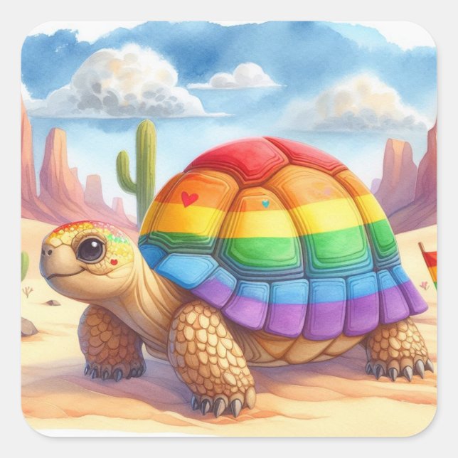 Tortoise Turtle With Rainbow Shell Square Stickers (Front)
