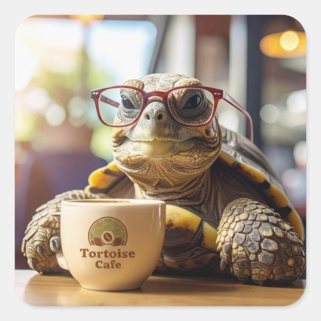Tortoise with Glasses at a Cafe Square Stickers (Front)