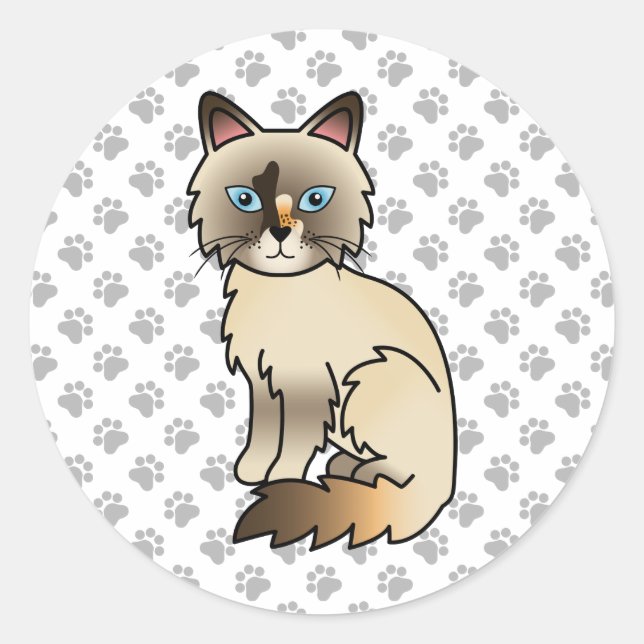 Tortoiseshell Birman / Ragdoll Cute Cat & Paws Classic Round Sticker (Front)