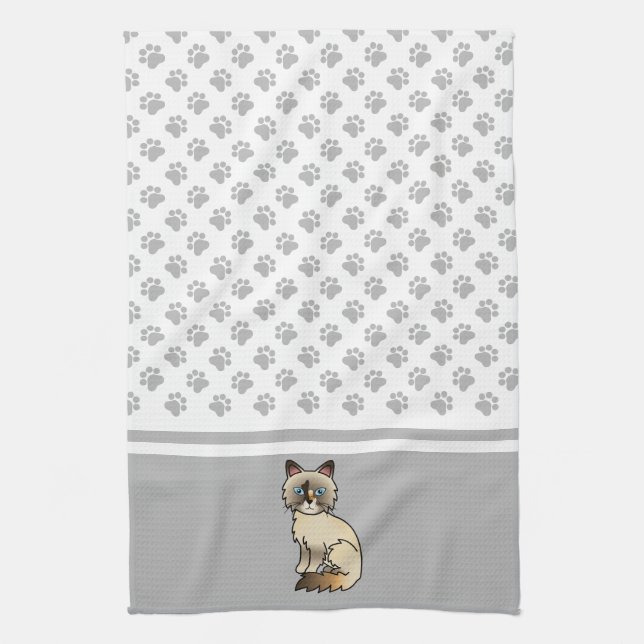 Tortoiseshell Birman / Ragdoll Cute Cat & Paws Kitchen Towel (Vertical)