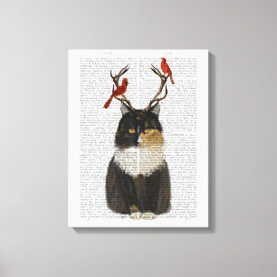 Tortoiseshell Cat with Antlers and Red Birds Canvas Print