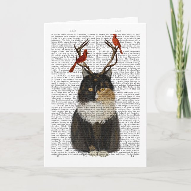Tortoiseshell Cat with Antlers and Red Birds Card (Front)