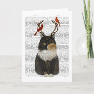 Tortoiseshell Cat with Antlers and Red Birds Card