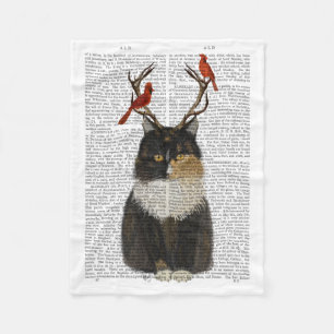 Tortoiseshell Cat with Antlers and Red Birds Fleece Blanket
