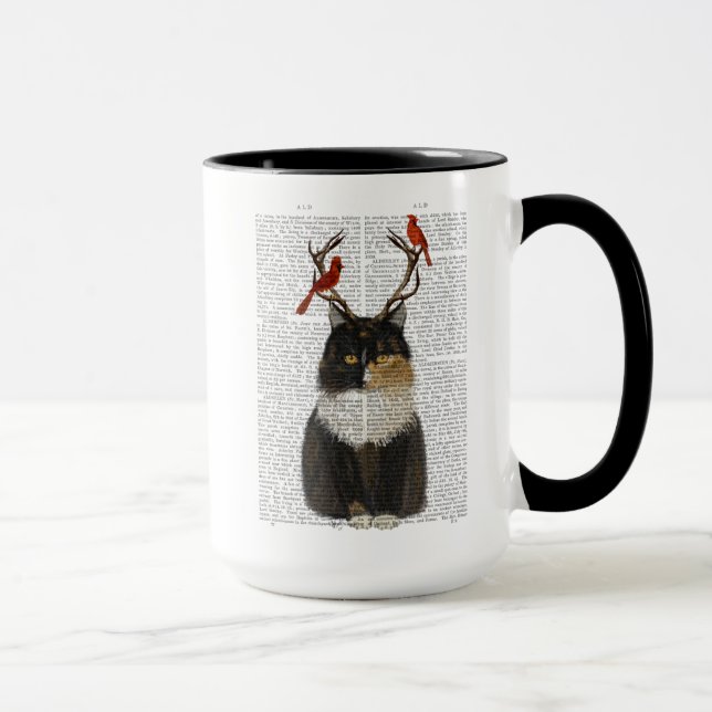 Tortoiseshell Cat with Antlers and Red Birds Mug (Right)