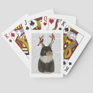 Tortoiseshell Cat with Antlers and Red Birds Playing Cards