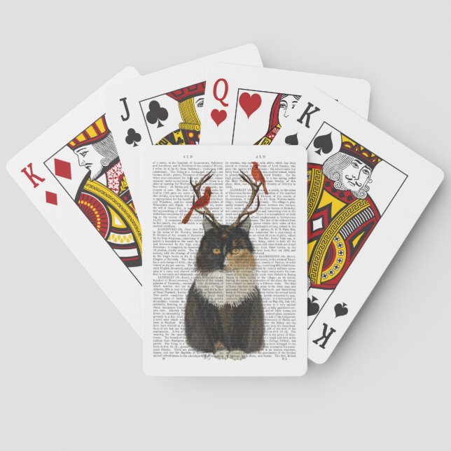 Tortoiseshell Cat with Antlers and Red Birds Playing Cards (Back)