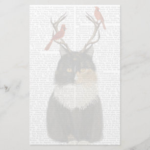 Tortoiseshell Cat with Antlers and Red Birds Stationery