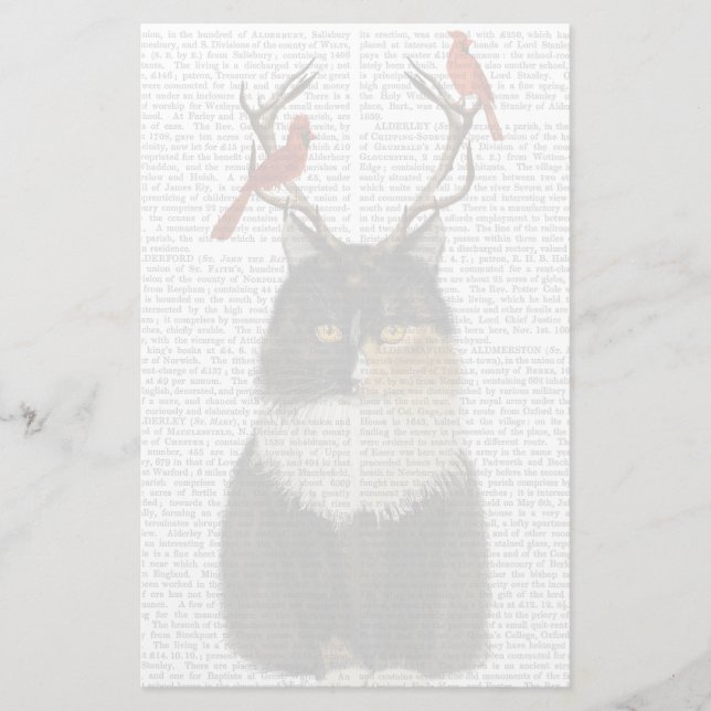 Tortoiseshell Cat with Antlers and Red Birds Stationery (Front)