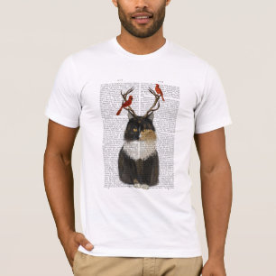 Tortoiseshell Cat with Antlers and Red Birds T-Shirt