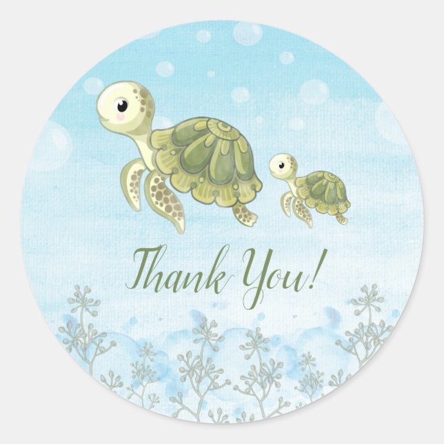 Tortue Bébé Sous La Mer Merci Sticker Faveurs (Devant)
