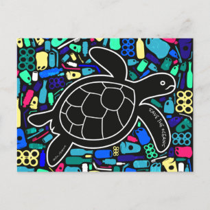 Tortue de mer avec carte postale de pollution plas