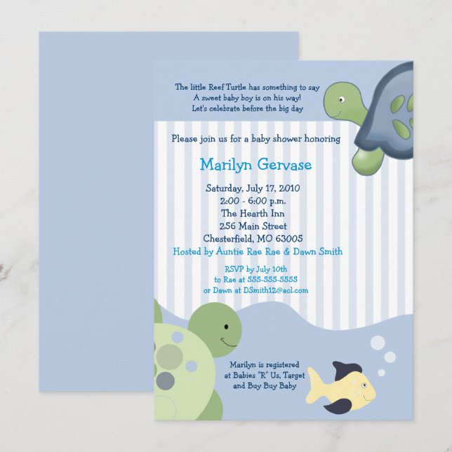 Tortue de récif (4x6) Invitation Baby shower garço (Devant / Derrière)