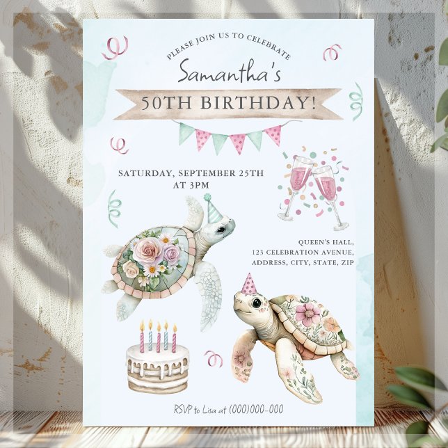 Tortue florale Invitation de fête d'anniversaire (Créateur téléchargé)