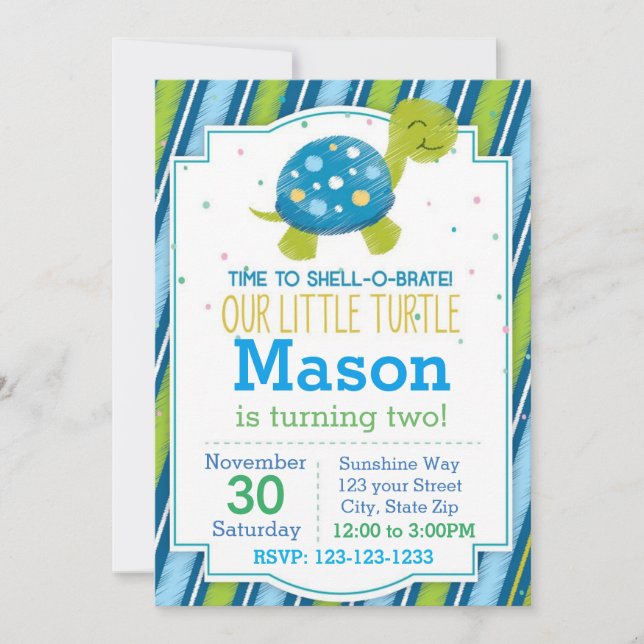 Tortue rayée Invitation d'anniversaire (bleu) (Devant)