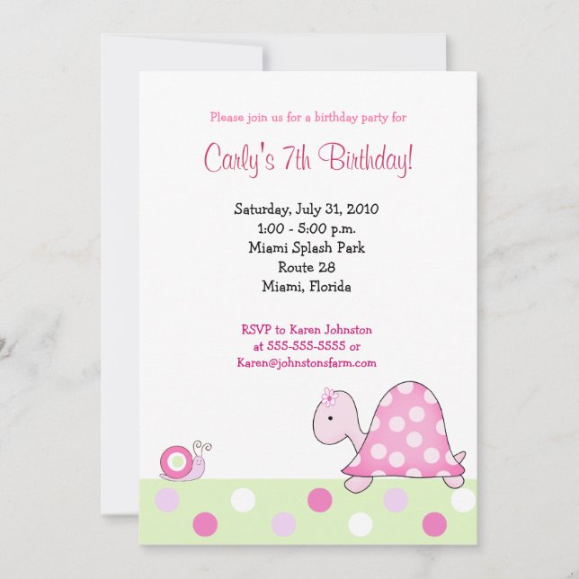 Tortue rose Lonnie 5x7 Filles Invitation d'anniver (Devant)