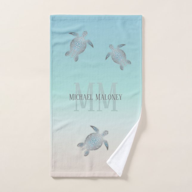 Tortues Argent Initiales Votre Nom Beige Turquoise (Serviette à main)