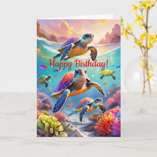 Tortues colorées, carte d'anniversaire pliée de 5"