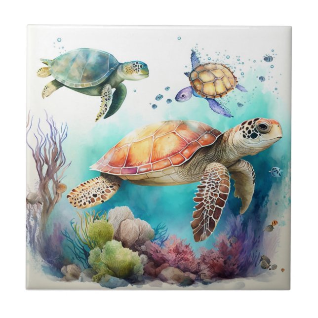 Tortues de mer, Aquarelle, Coral Reef Carreaux en  (Devant)