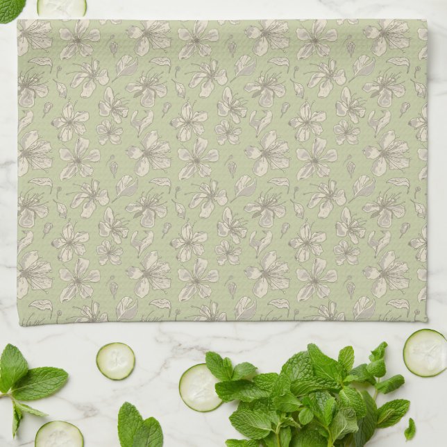 Tossed Blossoms on Olive Green - seamless pattern. Kitchen Towel (Folded)