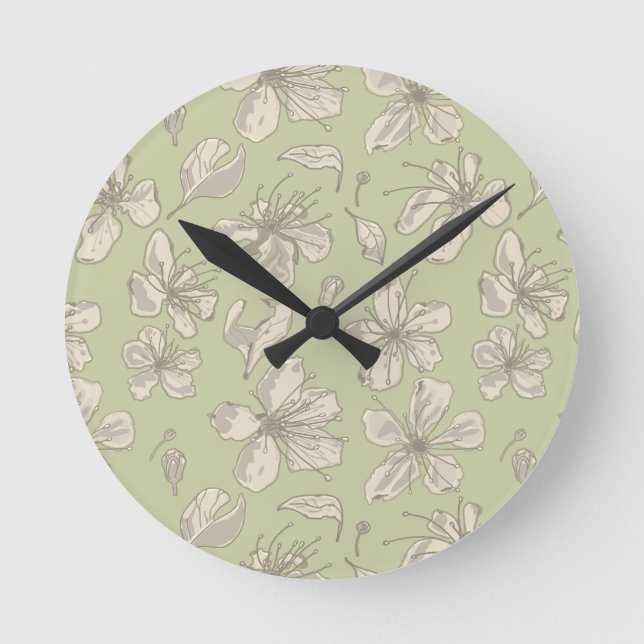 Tossed Blossoms on Olive Green - seamless pattern. Round Clock (Front)