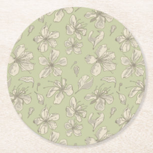 Tossed Blossoms on Olive Green - seamless pattern. Round Paper Coaster