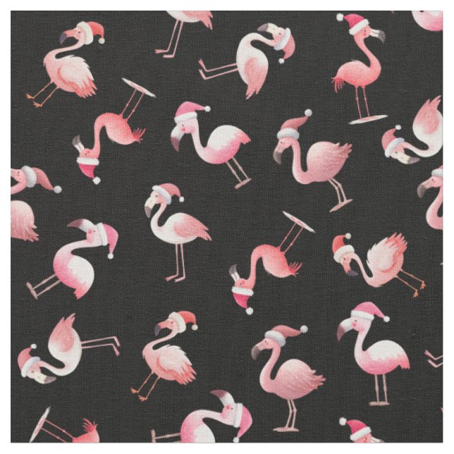 Tossed Christmas Flamingos on Black Fabric (Close Up)