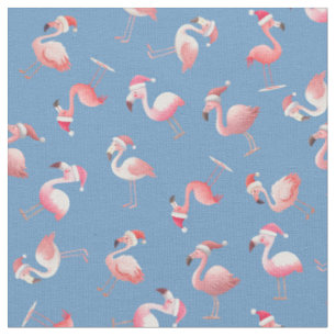 Tossed Christmas Flamingos on Blue Fabric